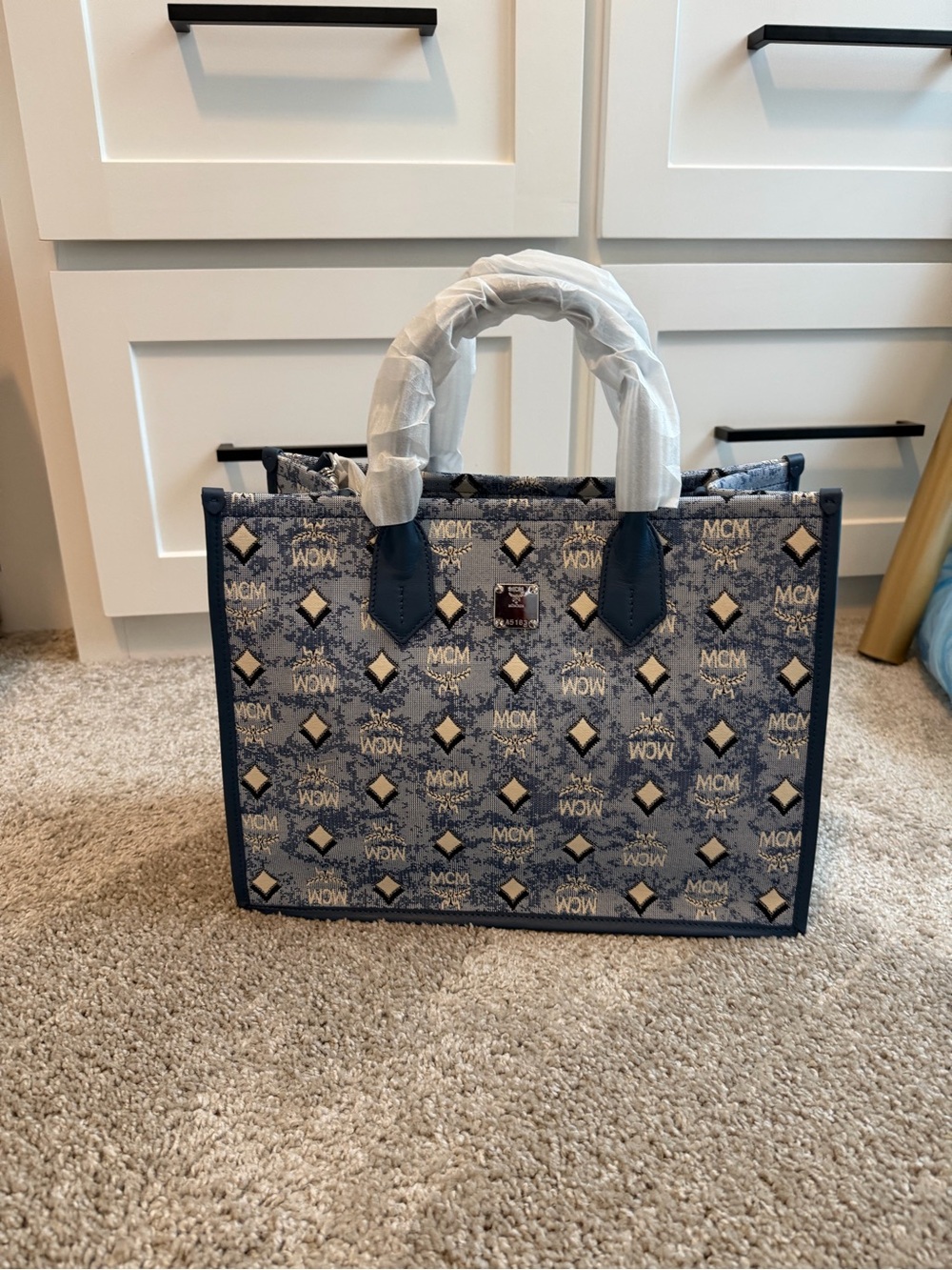 MCM Navy and Cream Monogram Canvas Tote